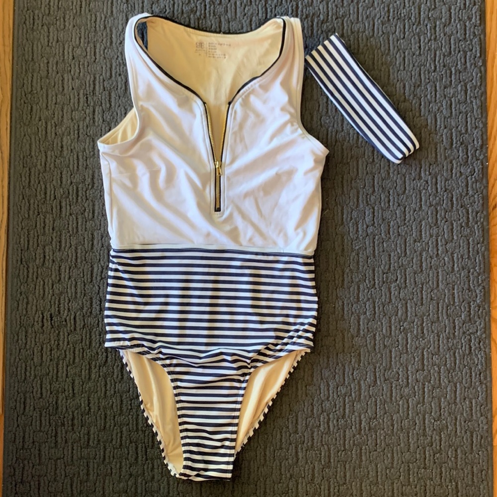 Albion Fit striped swimsuit with matching headband!